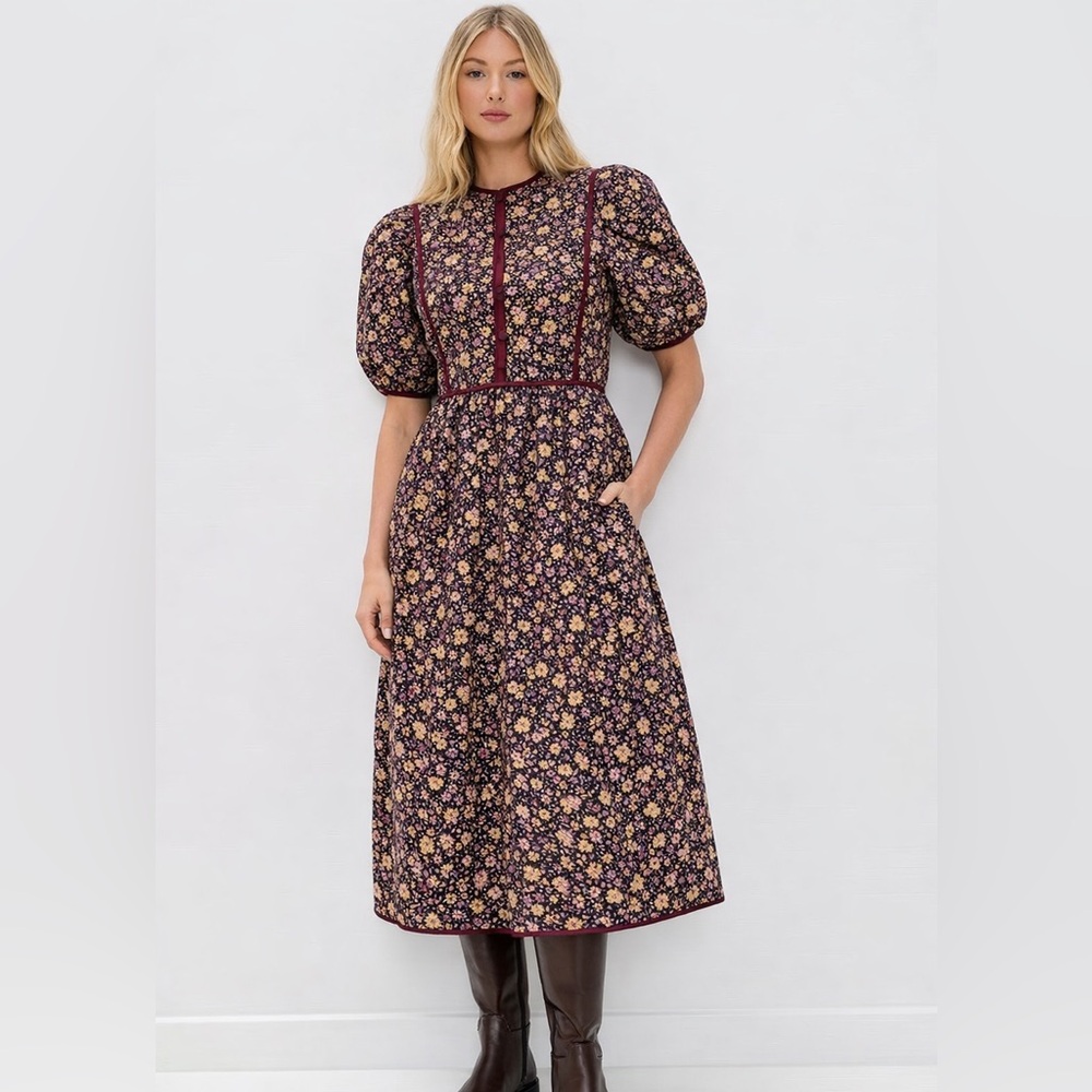 NEW Hunter Bell Brenner Dress Quilted Puff Sleeve Midi Size 6 Midnight Floral
